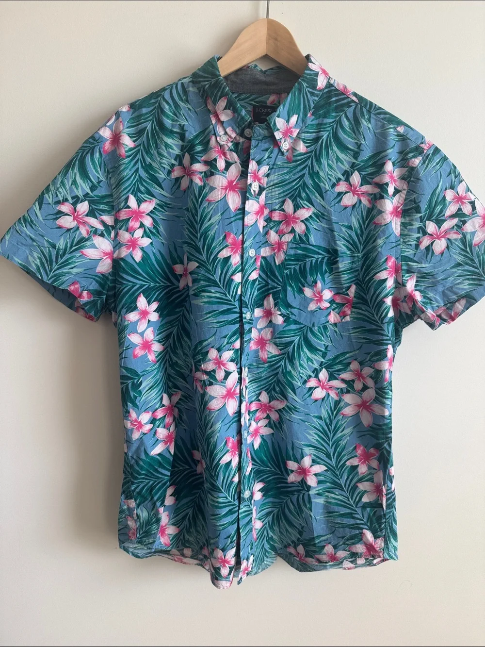 J. Crew Teal Short-Sleeve Floral Button-Down Shirt with Pink Flowers